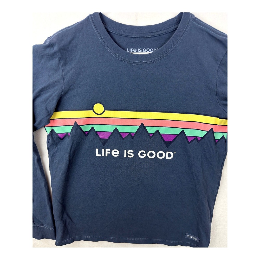 Life is Good Crusher T-Shirt Womens Medium Blue Rainbow Mountain Long Sleeve Tee